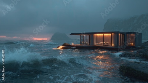 Coastal Dream Modern home hugs dramatic shoreline at sunset Cozy escape.
