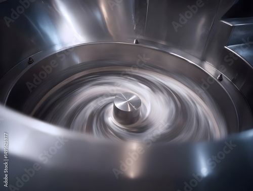 Stainless mixing tank stirs ingredients in close-up shot emphasizing polished realism and industrial processing precision