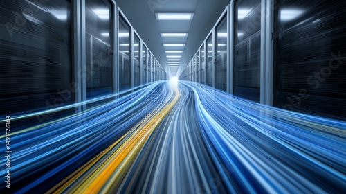 A futuristic data center corridor with dynamic blue and yellow light trails representing fast data transfer and high-speed connectivity