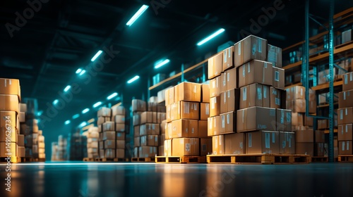 Stacks of cardboard boxes on pallets are organized in a large, modern warehouse under bright industrial lighting photo
