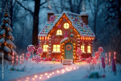 Small candy-covered house with colorful sweets on roof and walls, bright exterior in daylight.