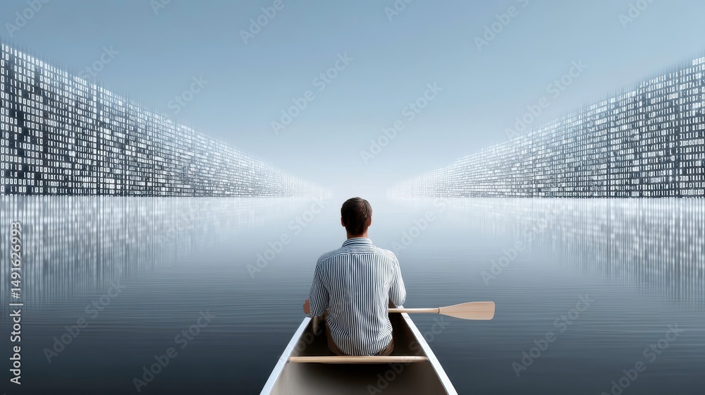 Fototapeta premium Data Stream Navigation: Man in Canoe Paddling Through Binary Code on Water. Technology Concept.