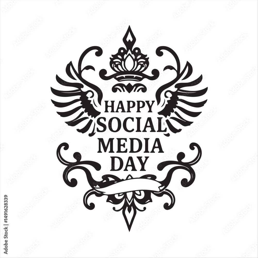 Obraz premium Elegant retro print a classic black and white vector silhouette representing symbolic traditional tattoo art, celebrating Social Media Day. The design is intricate, ornamental, and presented