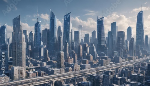 Blueprint city skyline, intricate architectural details, abstract lines, rise, print, skyscraper