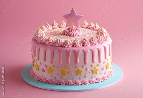 The blue plate has a pink cake with stars on it
