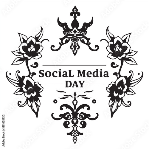 Timeless and elegant, a vector illustration of symbolic traditional tattoo art as a print for Social Media Day.  The black and white silhouette is presented in a vibrant retro style with intricate