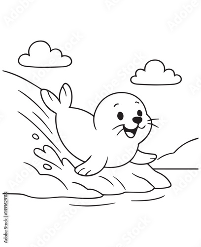 Coloring book seal gracefully glides through bubbly underwater adventures