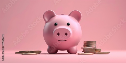 Fototapeta Naklejka Na Ścianę i Meble -  A pink piggy bank with a stack of coins in front of it on a pink background.