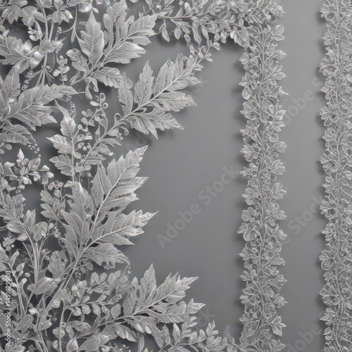 Intricate silver leaf lace, shimmering border Elegant nature design , frame, greeting