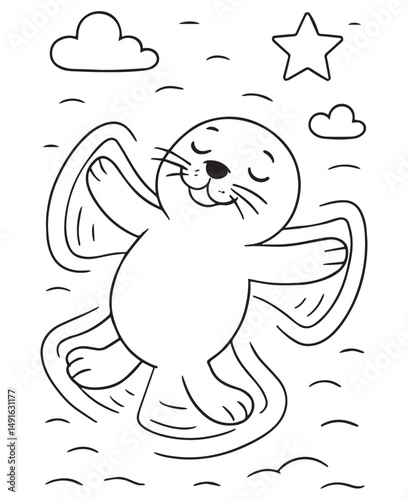 Coloring book happy baby seal playfully interacts with sand 