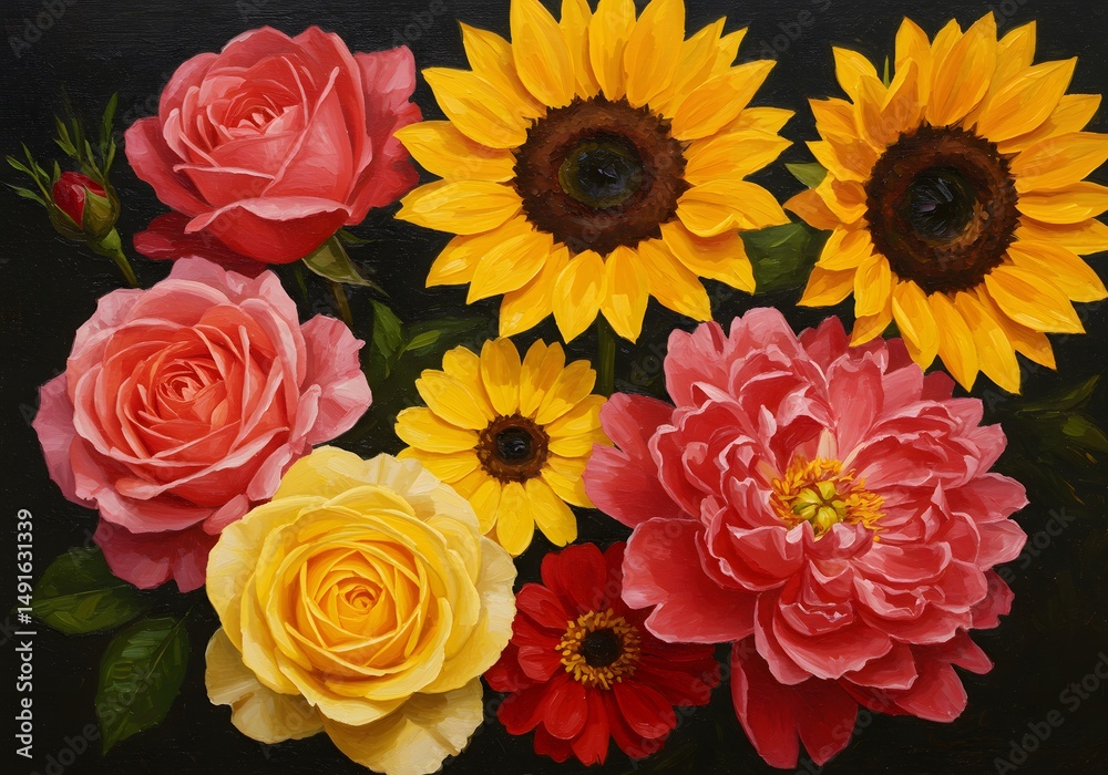 Fototapeta premium Stunning Flower Arrangement Roses, Sunflowers, Peonies, and More! Vivid Floral Display.