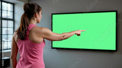 A woman in a pink tank top faces and points at a large wall-mounted green screen in a modern indoor setting.