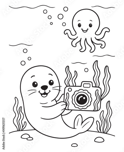 Coloring book baby seal happily holds a camera, ready to snap a picture underwater with an octopus 