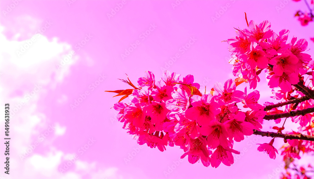 Naklejka premium Bright Pink Cherry Blossom Flowers Blooming Against Sky
