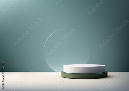 minimalist white cylindrical product display mockup on olive green base with teal gradient backdrop 3d showcase