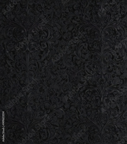 Seamless black gothic damask; swirling floral vines & intricate patterns , vine, elegant, rococo