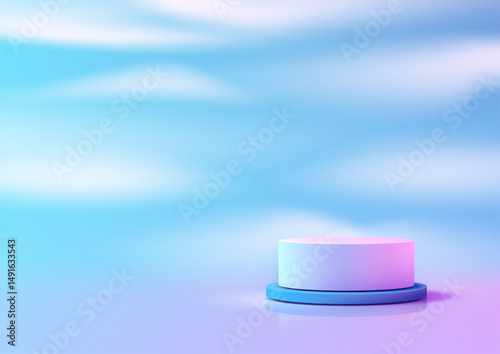 3d cylindrical white blue podium stand mockup showcase product display on pastel sky background minimalist modern