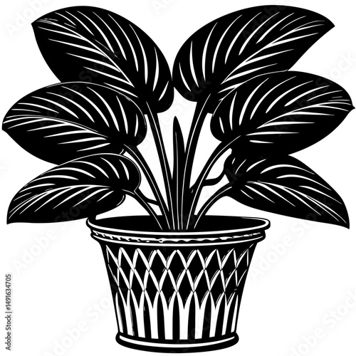 Potted plant with leaves in silhouette vector illustration