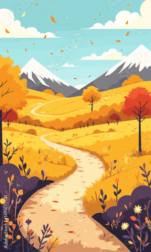 Autumnal Meadow River Journey with Snowy Peaks