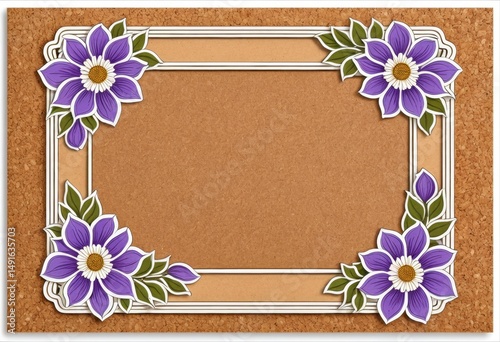 Photo frame close-up of purple flowers on cork board