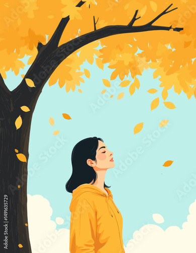Autumn Serenity: Woman Under Falling Leaves in Yellow Hoodie