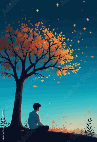 Autumn Solitude: Boy Under Tree with Falling Leaves
