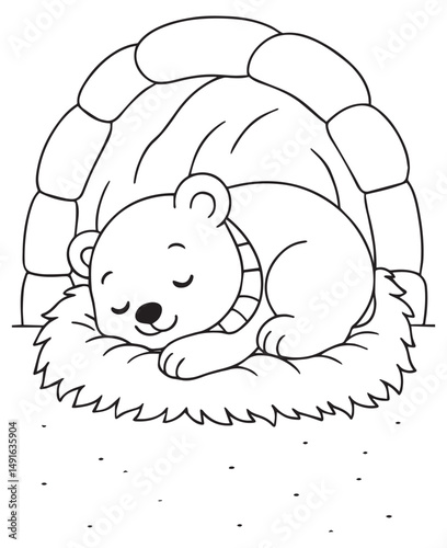 Coloring book polar bear dreams peacefully inside a cozy igloo. 
