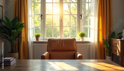 Empty chair at desk facing window, sunlit room, light, background, still