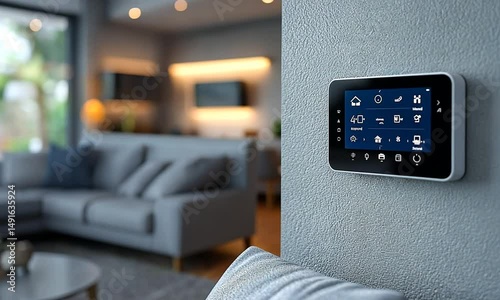 Modern smart home thermostat mounted on a wall in a stylish living room with soft lighting