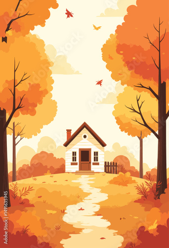 Autumnal Cottage Path in Golden Forest