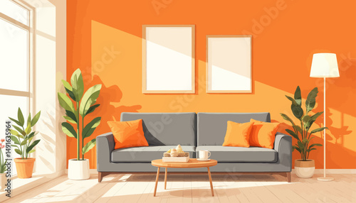 Bright Living Room with Gray Sofa and Orange Accents