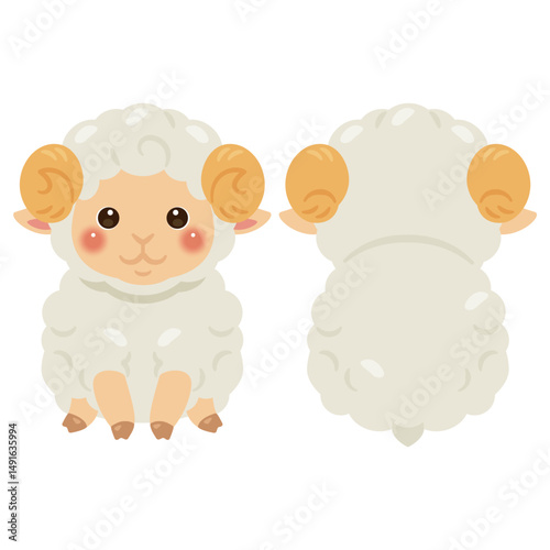 お座りしたヒツジの前後イラストセット