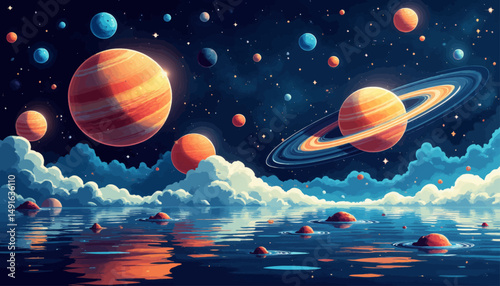 Celestial Reflection: Dreamy Planets Over Calm Waters