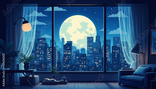City Night View with Moonlit Skyline and Cozy Living Room