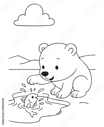 Coloring book polar bear gently touches a friendly fish in an icy pond.