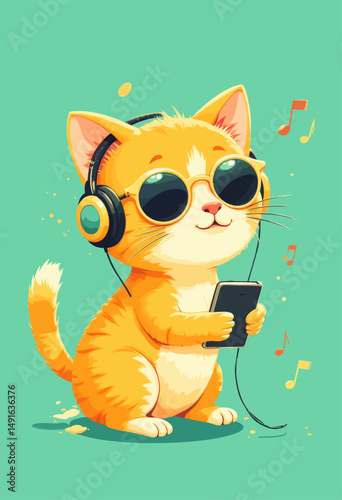 Cool Cat Listening to Music with Headphones and Sunglasses