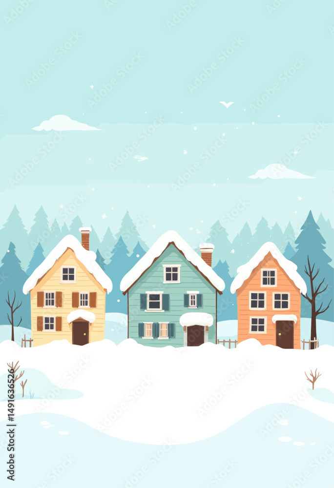 Fototapeta premium Cozy Winter Village with Snowy Houses and Pine Trees