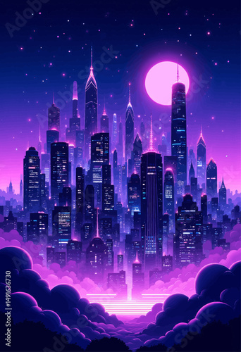 Dreamy Neon Cityscape at Night with Moon and Clouds