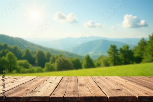 Rustic Wooden Deck Overlooking a Serene Mountain Landscape with Lush Greenery Under a Sunny Sky