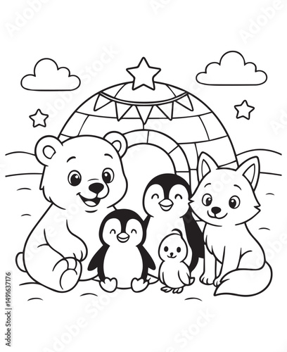 Coloring book polar bear and penguins gather around an igloo under a starry sky.