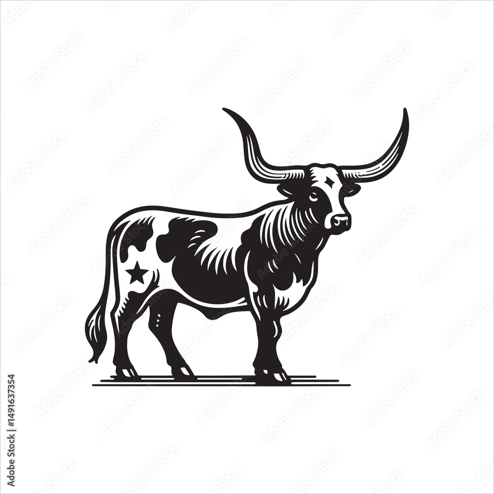 Obraz premium Black and White Vector of Texas Longhorn Cow – Easy Tracing Illustration