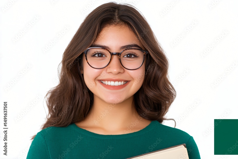 Obraz premium Happy Young Woman Student with Glasses Holding Book Smiling Cheerfully at Camera
