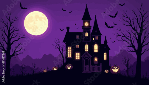 Haunted Mansion Halloween Night with Jack-o'-Lanterns and Bats