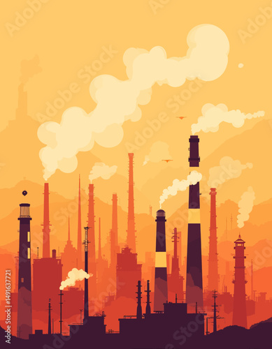 Industrial Sunset with Smoky Skyline and Orange Hues