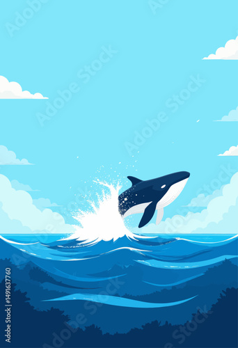 Leaping Whale in Serene Ocean Under Blue Sky