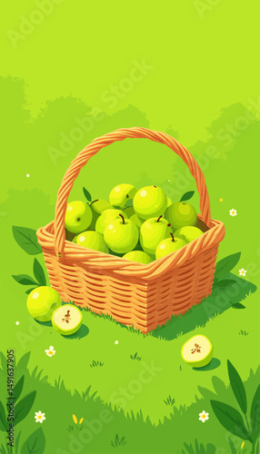 Lush Green Apples in Wicker Basket on Grass with Flowers