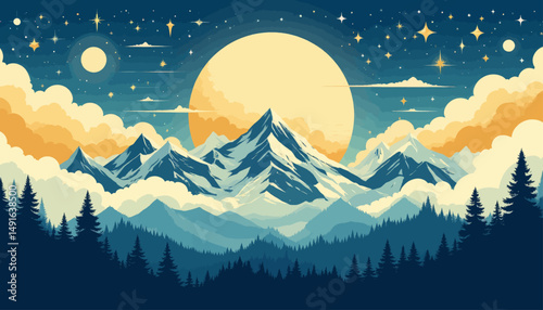 Majestic Mountain Peaks Under Moonlit Night Sky with Stars