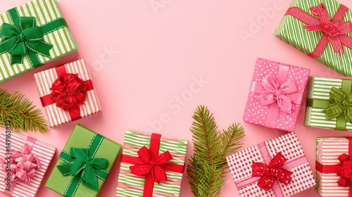 Close-up of colorful wrapped gifts arranged on a bright pink surface, perfect for celebrations and holidays.