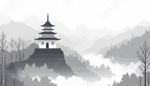 Mystic Mountain Temple in Foggy Forest