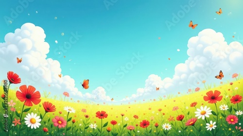 A Serene Meadow Landscape with Vibrant Blossoms and Dancing Butterflies Under a Sunny Sky